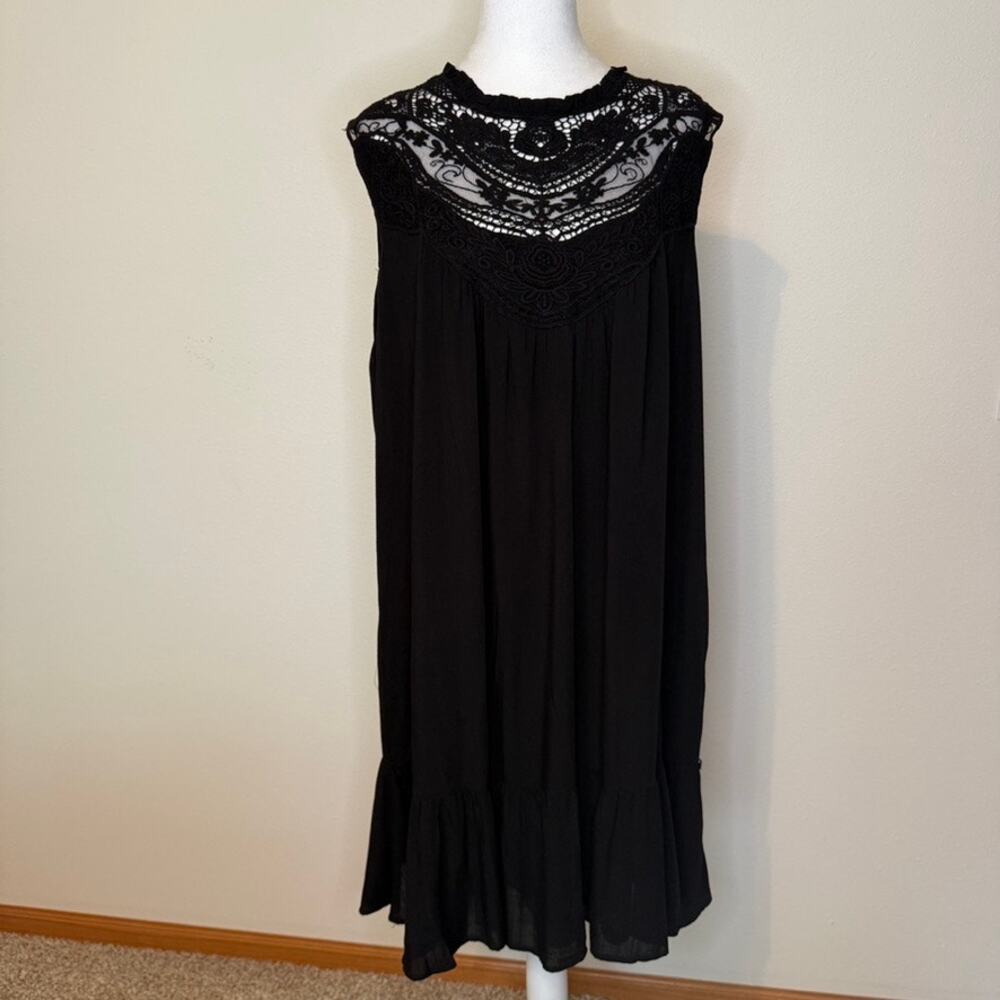 Davi & Dani 2X Black Boho Dress NWT Lace Yoke Sleeveless Ruffle Hem